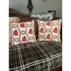 EUC MacKenzie Childs Embroidered Beaded Really Rosy 18" Pillows Set of 2